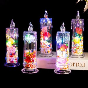 1/4PCS Eternal Flower LED Simulation Electronic Candle Colorful Rose Transparent Night Light Romantic Atmosphere Decoration Valentines Day