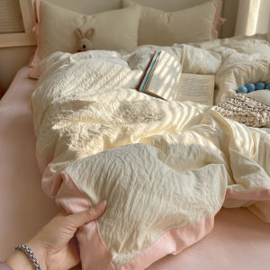 ชุดนอนผ้าฝ้าย 3 ชิ้น ลายดอกไม้สดใหม่ สำหรับหอพักนักเรียน ผ้าคลุมที่นอนแบบครอบคลุม ชุดนอนฤดูร้อน 4 ชิ้น