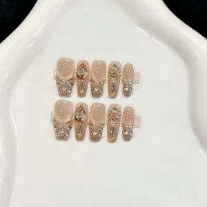 10pcs Handmade Fake Nails Press On Nails Powder Bare Gold Diamond French Diamond-studded Luxury Style Designs With 4-PIECE Tool