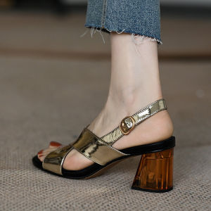 Golden High Heels Womens Summer New Leather Thick Heel French Open Toe Cross Buckle Sandals Comfortable Breathable Fashionable