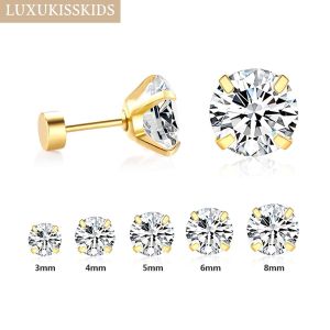 LUXUKISSKIDS Earrings Man 3-8MM Shiny Clearly Cubic Zirconia Piercing For Woman/Girls Surgical Steel Silver/Gold Color серьги