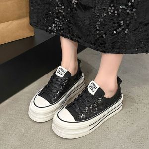 IELGY New Popular Sequined White Canvas Shoes for Womens Platform Soles Casual Trendy