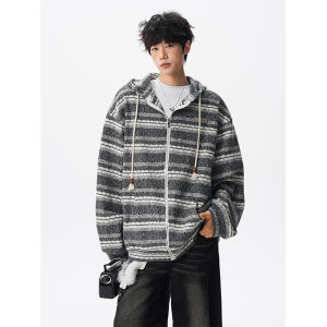 OULUDE | Hooded Striped Contrast Knit Sweater Mens Fashion Casual Jacket