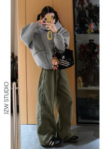 American Military Green Retro Straight Leg Jeans Women Loose Slimming Drape Super Beautiful Extended Floor-Length Wide Leg Pants