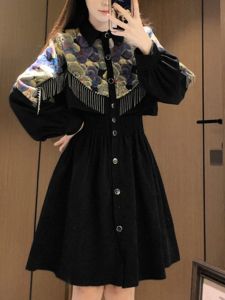 plus Size Fashion Patchwork Design Shirt Dress Autumn Winter A-Line Black Dress Slimming Waist Cinched Belly Concealing