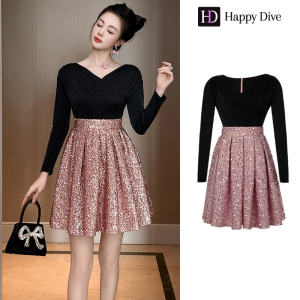 Happy Diva เดรสผู้หญิง เดรสสีแดง เดรสทรงเอ เดรสผ้าเลื่อม เดรสทำงาน เดรสไฮโซ เดรสวินเทจ เดรสออกงาน เดรสปาร์ตี้ ชุดราตรี 65196