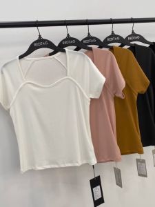 Áo Thun Tay Ngắn Cổ Vuông Bằng Cotton Lanh Lụa Cổ Bẻ Thanh Lịch Mùa Hè Thoáng Khí Thấm Hút Mồ Hôi Áo Thun Nữ