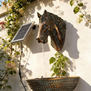 Solar-Powered Resin Horse Head Wall Fountain with Basin Vintage Bronze Finish Water Feature for Garden & Patio