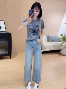 Stylish Unique Beautiful Summer Age-Defying Denim Set Wide-Leg Nine-Piece T-Shirt Two-Piece Suit for Women Fashionable Ensemble