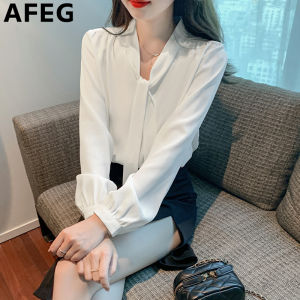 AFEG solid color Korean version V-neck bow fashion simple loose professional chiffon long sleeve blouse