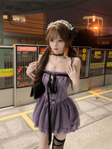 Syj Pure Desire French Style Purple Strap Dress Womens Mesh Princess Short Skirt A-Line Summer Casual High Waist No Sleeve