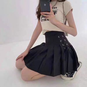 Korean Style High Waist JK Skirt A-line Pleated Student Tennis Skirt Lace Up Waist Skirt Skirt clip