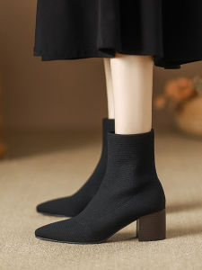 SHIPAILUO | รองเท้าบูทผู้หญิงทรงสั้นถักนิตติ้งผ้าฝ้ายทรงแหลม หัวเข็มขัด รองเท้าบูทส้นสูงสำหรับฤดูใบไม้ผลิและฤดูใบไม้ร่วง