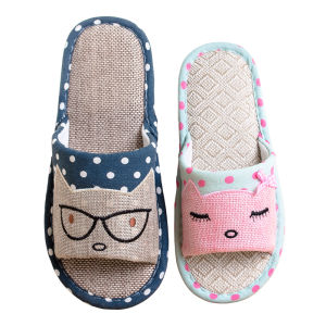 Cute Family Matching Summer Indoor Anti-Slip Linen Slippers for Men And Women Kids Cartoon Home Slippers Comfortable Soft Floor Shoes