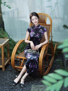 Young Womens Long Velvet Dress Ethnic Style Chinese New Fashion Slimming Qipao Daily Dress Lightweight Thin Material