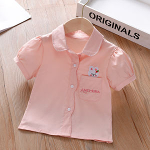 Cute Rabbit Print Short Sleeve Shirt for Girls Baby Fashionable Korean Style Cotton Summer Top Childrens Clothing