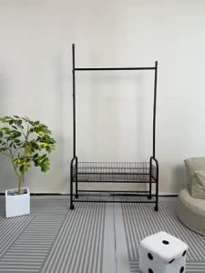 Large capacity coat rack bedroom floor-standing rack clothing storage rack with rollers and shoe rack