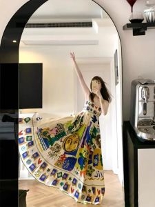 Plus Size French Tube Top Printing Slip Dress Womens Seaside Vacation Beach Dress High Class Elegant Slimming Dress