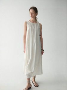 INSIS FEMME | Linen Cotton Summer Vintage Gathered Beads Ties Sleeveless Dress