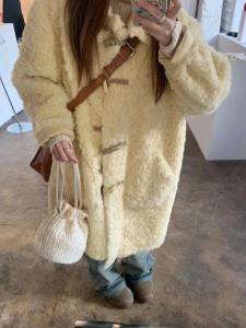 ชีสเค้กมะม่วงสีตัดกันเป็นมิตรกับสิ่งแวดล้อม ฤดูใบไม้ร่วง ฤดูหนาว นุ่ม ขนสัตว์ เสื้อโค้ท ผู้หญิง แขนยาว ปกตั้ง กระดุมเดียว