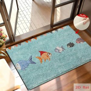 VIKAMA 2D Fluffy Visual Cartoon Fish Flat Entry Mat Non Slip Absorbent Soft Rug Front Door Bedroom Bathroom Fashion Home Decor