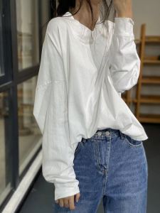Loose Casual Cotton T-Shirt Womens Original Hong Kong Style Artistic Korean Version Back Neck Tie Pure Color All-Match