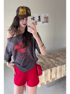 YUEZHONGWEI | Retro American Colorful Rhinestone Floral Print Short Sleeve Womens T-shirt Summer Design Shoulder Baring Side Shoulder Top