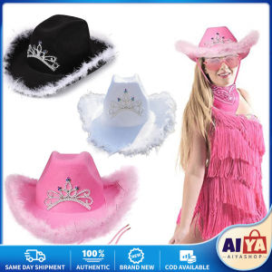 ★Same Day Shipping★ Pink White Black Western Style Hat Pink Womens Girls Birthday Party Caps with Feather Sequin Decoration Crown Night Club Luxury Cowgirl Hats ZJJ-Cowgirl-Hat
