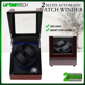 UrbanTech 2-Slot Luxury Wooden Watch Winder with LED Light & Auto Stop - 4 Rotation Modes