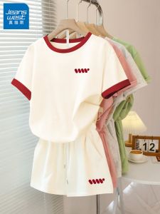 Jeanswest Pure Cotton Short Sleeve Shorts Womens Summer Sportswear Casual Set round Neck Short Length Cotton 100%