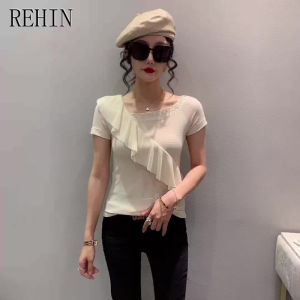 REHIN Summer new original design trendy fashionable with oblique shoulder lace and rhinestone short-sleeved t-shirt T-shirt ruffle womens top