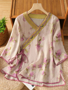 เสื้อเชิ้ตผ้าฝ้ายลินินปักลายฤดูร้อนปี 2025 สำหรับผู้หญิง ทรงหลวม แขนยาว 5 นิ้ว คอวี ปิดด้วยเชือกผูก ทรงหลวม