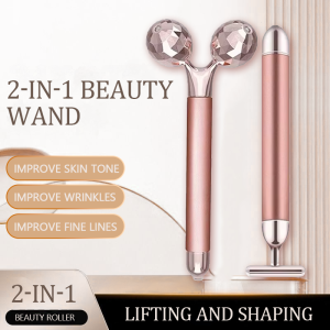 24K Gold Beauty Bar Face Massager Electric Vibrating Rose Quartz 3D Roller Face Lifting Body Facial 3D Gua Sha Jade Roller