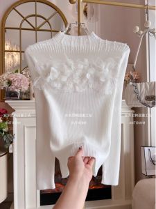 Áo Len Dệt Kim Dài Tay Ôm Vừa Vặn Màu Trắng Kiểu Pháp Mùa Thu Đông Mới Áo Len Dệt Kim Nữ Áo Len Dệt Kim Cổ Tròn Màu Trơn