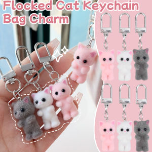 【♡Lovely girls house♡】Cute Cat Key Holder Flocking Cat Keychain Schoolbag Pendants Bag Accessories