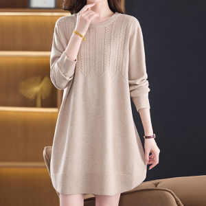 plus Size Mom Cozy round Neck Knitted Sweater Dress Womens Mid-Length Loose Fit Autumn Winter Base Layer Shirt