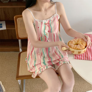 Trendy Lace Trim Sleepwear Set Womens Summer Dopaamine Striped Strap Home Clothes with Chest Pad Short Sleeve Sweet Style