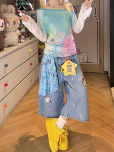 QIANCHANGNAAI | American Vintage Cat Stars Capri Denim Pants