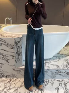 ขาตรงยาวพื้นสีน้ําเงินย้อนยุค กางเกงยีนส์ ผู้หญิง ฤดูใบไม้ผลิ ฤดูใบไม้ร่วง หลวม ขากว้าง กางเกง พรางหุ่น เอฟเฟกต์สูงสบาย เอว