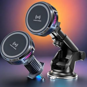 15W Magnetic Wireless Charger Car Mount with Semiconductor Cooling Stand RGB Ambient Light for iPhone 16 15 14 13 12 Samsung S25