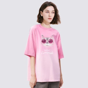 Pink Floral Print T-Shirt Womens Summer Gradient Loose Short Sleeve Top MeetMetro Commute Style Cotton 100% round Neck