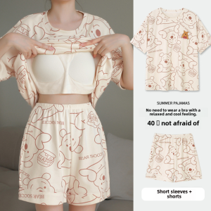 Summer Vinny Bear Pure Cotton Sleepwear Set for Women with Chest Pad One-Piece Large Size Short Sleeve Homewear