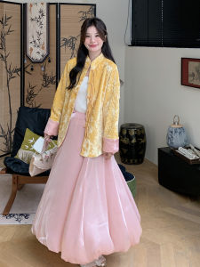 New Chinese Style Velvet Jacket And Half Skirt Set Womens Spring Fashion Two-Piece Suit Yellow Button Design Small Size Pink