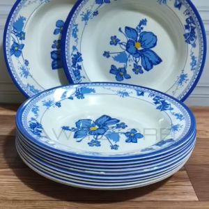 12 PCS PIRING MAKAN MELAMIN ULIR MOTIF KEMBANG BIRU 9INC