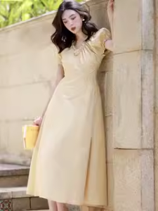 Summer V-neck Retro Hepburn Style Little Black Dress Elegant Slimming French Tea Break Black Dress Womens New Style Midi Skirt Short Sleeve Polyester Fiber