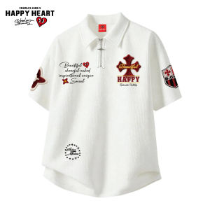 CHARLES JANGS HAPPY HEART | Embroidered Heart Badge Half Zip Polo Shirt Short Sleeve Loose Collar
