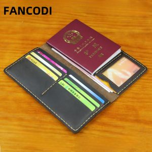 FANCODI Luxury Handmade Genuine Leather Overseas Travel Passport Wallet For Men Pure Cowhide Bifold Long Wallet Male Outdoor Leisure Women Clutch Vintage Purse Money Clip with Passport holder Money Bag WF222