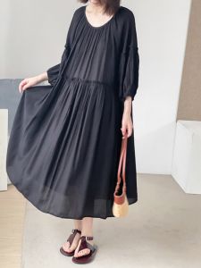 Phil Dan Cool Texture Low U Loose Splice Half Sleeve Dress Artistic Retro Style Cotton Blend Spring Summer Autumn Dress