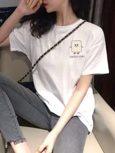 Áo Thun Nữ Tay Ngắn Dáng Rộng Màu Trắng in Hình SpongeBob Summer 2021 Thiết Kế Mới Áo Thun Cotton Pha Trộn Thường Ngày