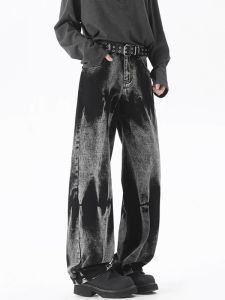 Black American Drill Tie Dye Jeans Mens Fashion Brand Cool Straight Leg Casual Pants Loose Fit Jeans mid Waist Zipper Fly
